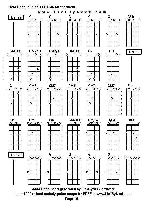 Chord Grids Chart of chord melody fingerstyle guitar song-Hero-Enrique Iglesias-BASIC Arrangement,generated by LickByNeck software.